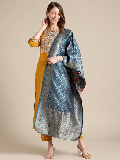 Women's Mustard Kurta With Mutli Color Woven Yoke And Banarasi Dupatta