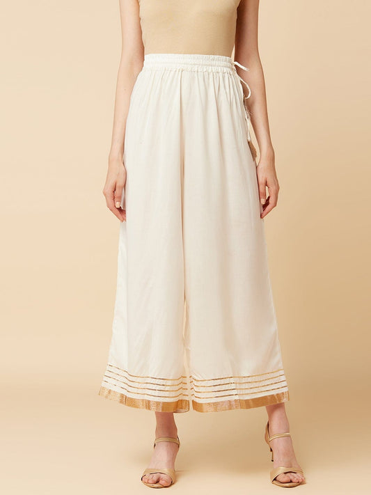 Women's Off-White Flared Solid Palazzos