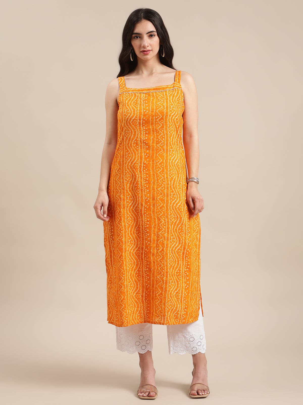 Women's Mustard And Off White Bandhej Printed Gota Embellishment Strap Kurta