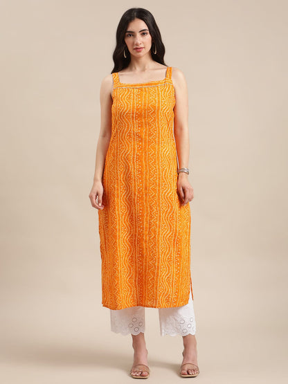 Women's Mustard And Off White Bandhej Printed Gota Embellishment Strap Kurta
