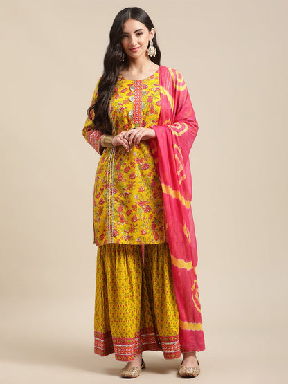 Women's Mustard Floral Gota Embellished Printed Kurta Sharara Set With Pink Tie N Dye Dupatta