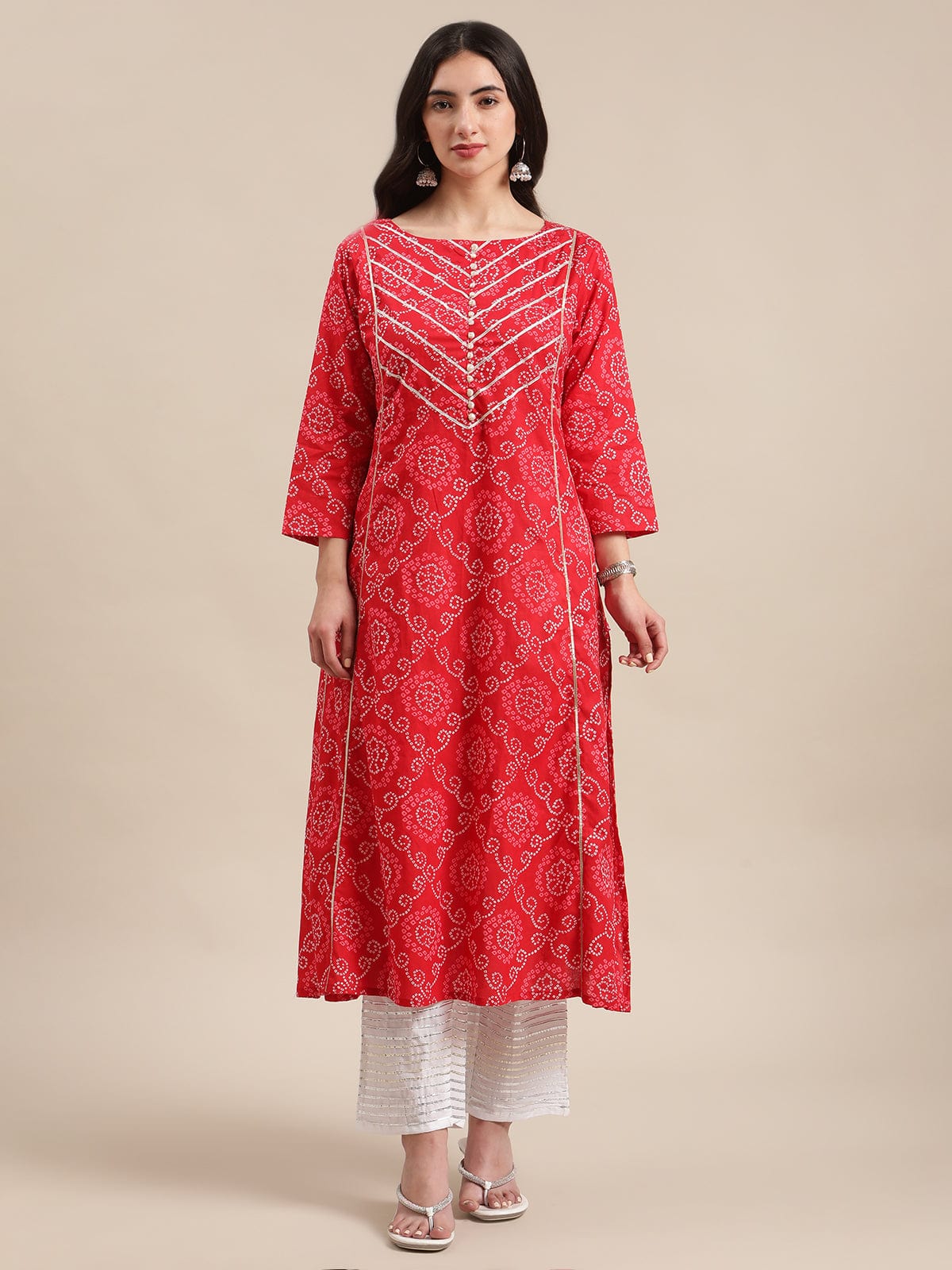 Women's Red Bandhej A Line Gota Embellished Kurta With Round Keyhole At Back
