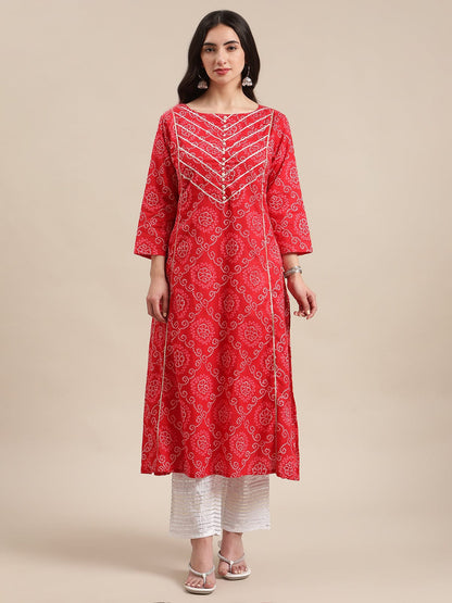 Women's Red Bandhej A Line Gota Embellished Kurta With Round Keyhole At Back