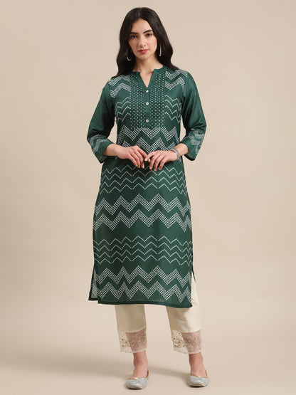 Women's Green And Bandhej Mandarin Collar Straight Kurta