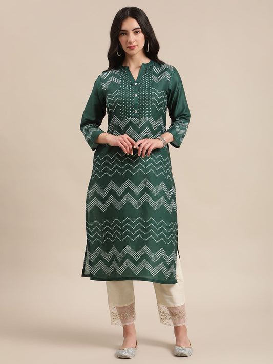 Women's Green And Bandhej Mandarin Collar Straight Kurta