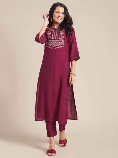Women's Wine Zari And Resham Embroidere Kurta  Trouser Set