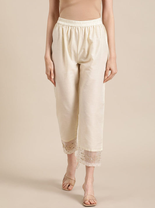Women's Off White Silk & Organza Zari Embellished Trousers