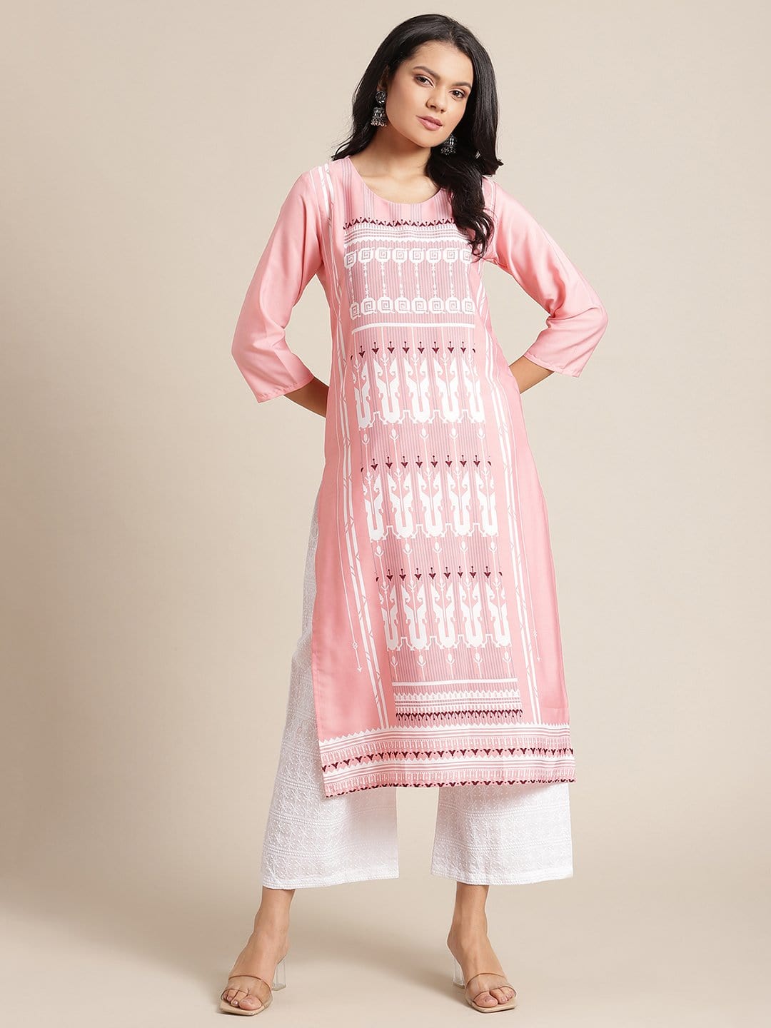 Women's KSUT Pink And White Geometric Printed Straight Kurta With 3/4Th Sleeves