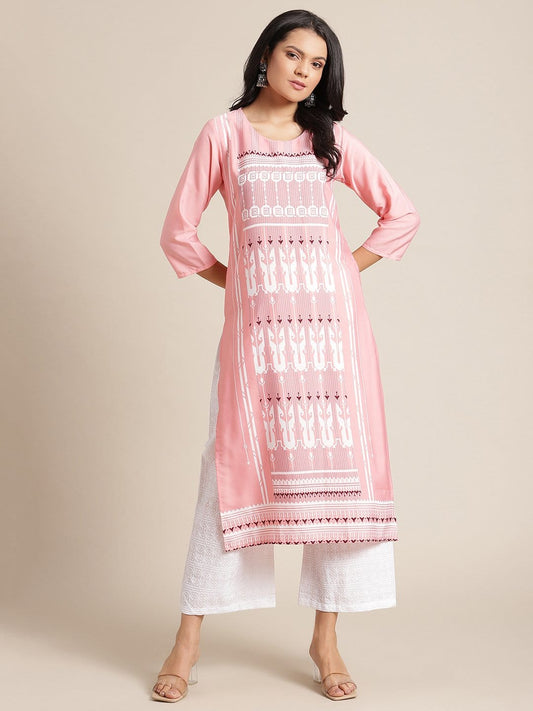 Women's KSUT Pink And White Geometric Printed Straight Kurta With 3/4Th Sleeves