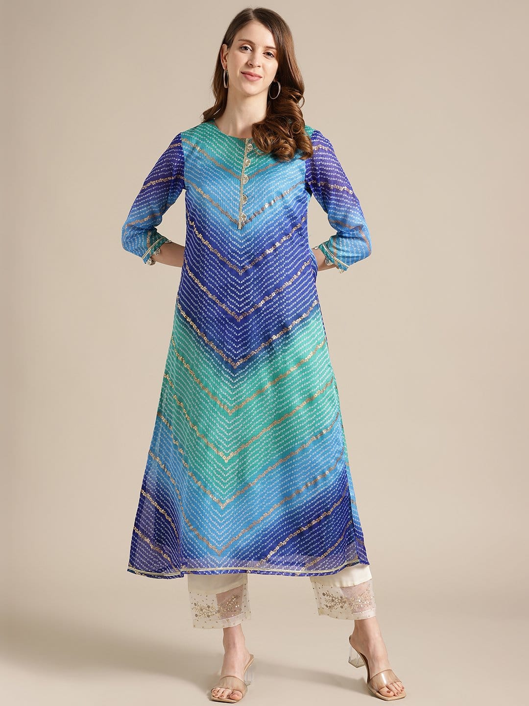 Women's Blue And Sea Green Bandhej Foil Printed Kurta With Gota Fan Embellishment On Yoke
