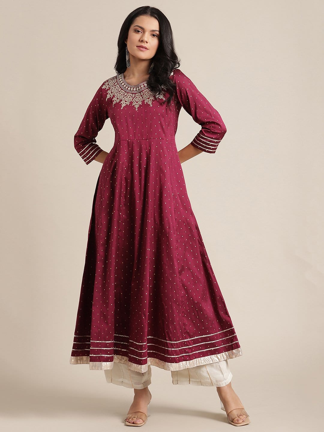 Women's Burgundy Anarkali Kurta With Zari Embroidery On Yoke And Embellished Sleeves