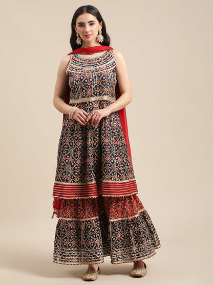 Women's Blue And Maroon Patola Printed Panelled Kurta Sharara Set With Chiffon Dupatta