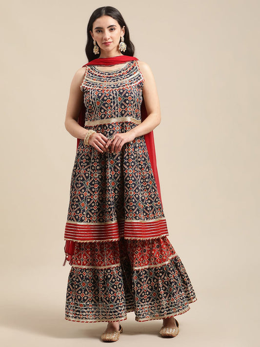 Women's Blue And Maroon Patola Printed Panelled Kurta Sharara Set With Chiffon Dupatta