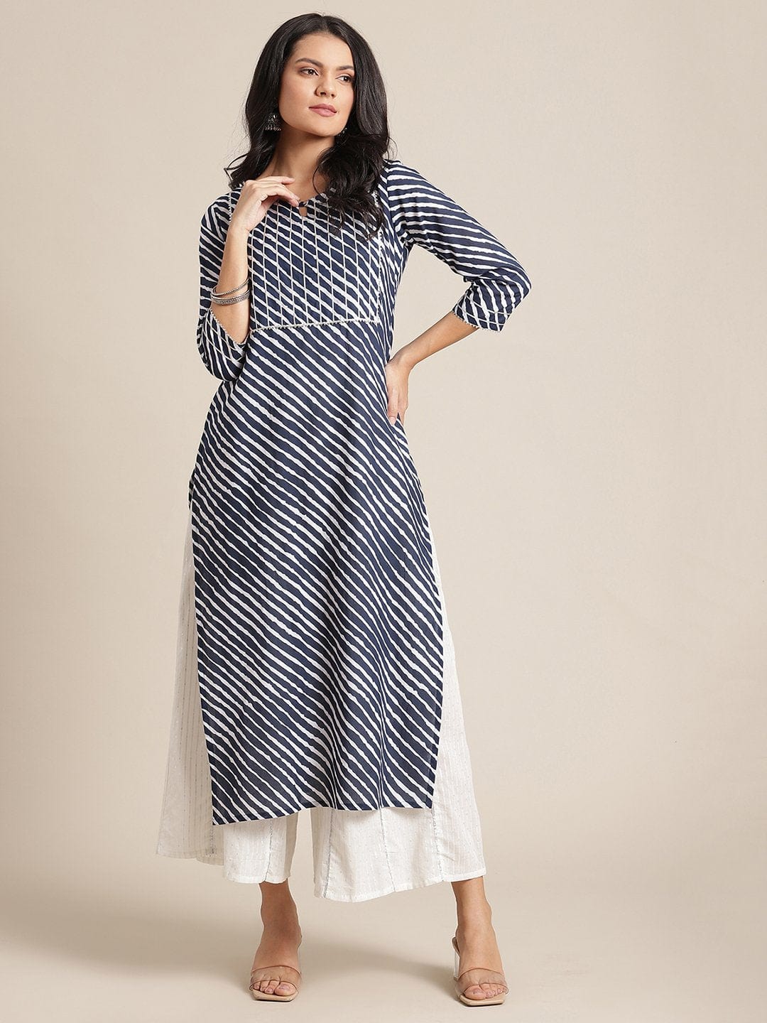 Women's Navy Blue Leheriya Printed Kurta With Gota Embellished  Yoke And Sleeves