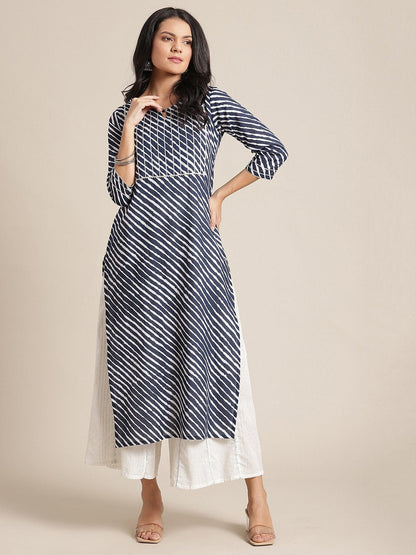 Women's Navy Blue Leheriya Printed Kurta With Gota Embellished  Yoke And Sleeves