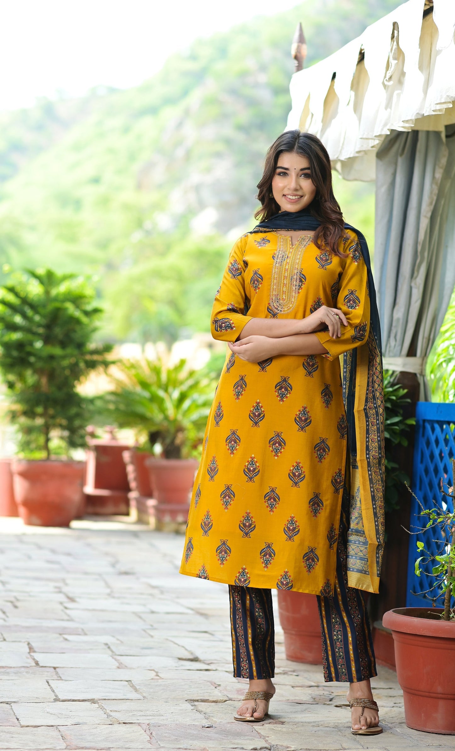 Women's Mustard Handblock Dupatta Set