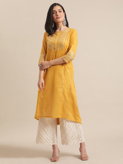 Women's Mustard Gota Embellished Kurta With Off White Gota Embellished Palazzo