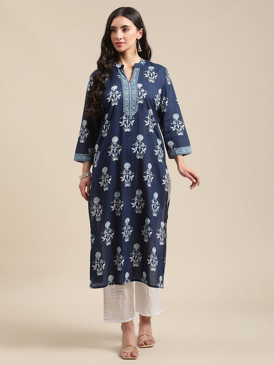 Women's Indigo Floral Printed Kurta With Patch Embroidery On Yoke And Sleeves