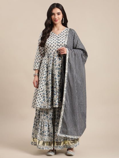 Women's White And Blue Floral Printed Anraklai Kurta Sharara Set With Stripe Dupatta