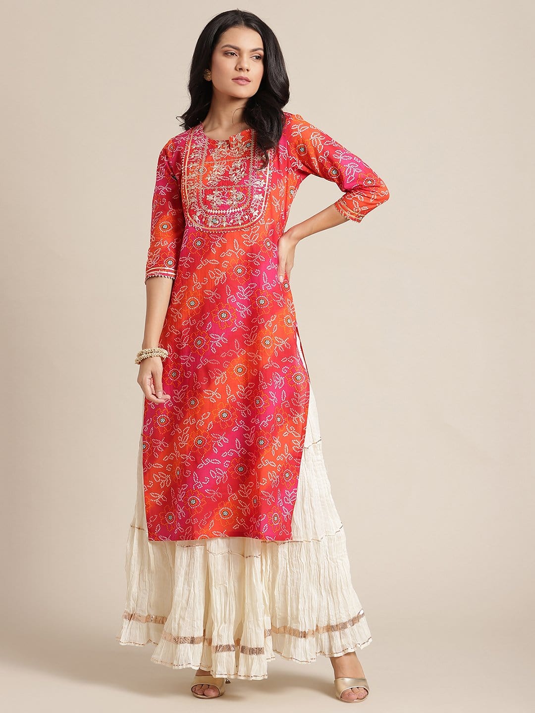 Women's KSUT Pink And Orange  Bandhani Zari Embroidery Kurta With Gota Embellished Sleeves