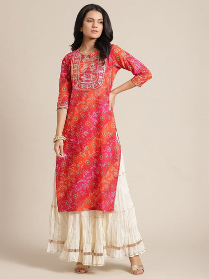 Women's KSUT Pink And Orange  Bandhani Zari Embroidery Kurta With Gota Embellished Sleeves