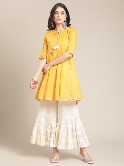 Women's Mustard Gota Embellished Short Kurta With Off White Tear Sharara