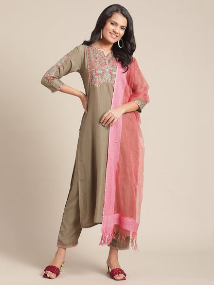 Women's Solid Olive Kurta With Thread And Zari Embroidery And Paired With Trouser And Contrast Dupatta