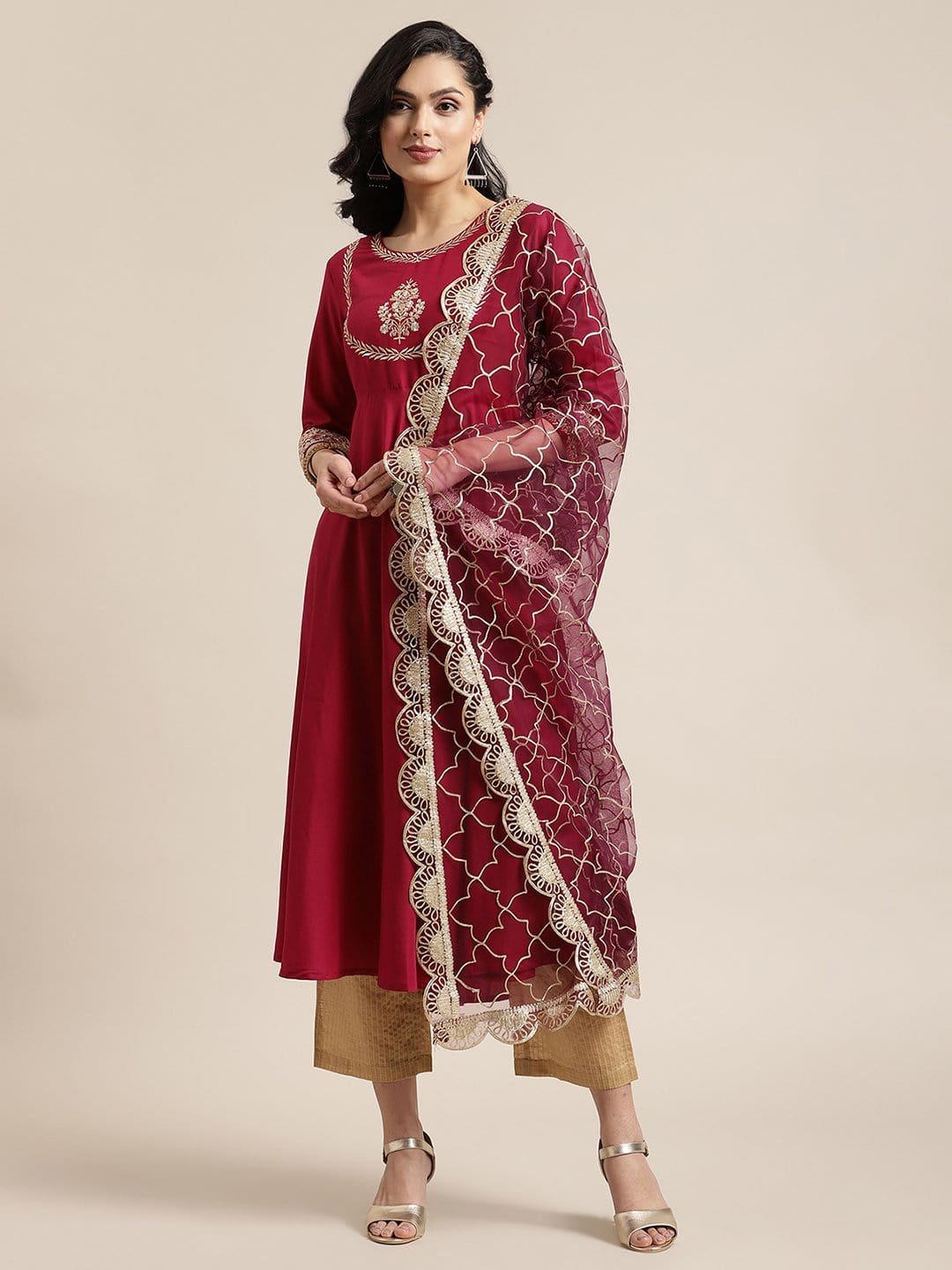 Women's Magenta And Gold Anarkali, Solid Kurta With Zari Work On Yoke And Paired With Gold Pant And Heavy Gota Embroidered Dupatta