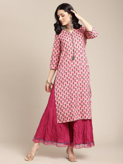Women's Pink Floral Printed Kurta With Hanwork Detailing On Yoke
