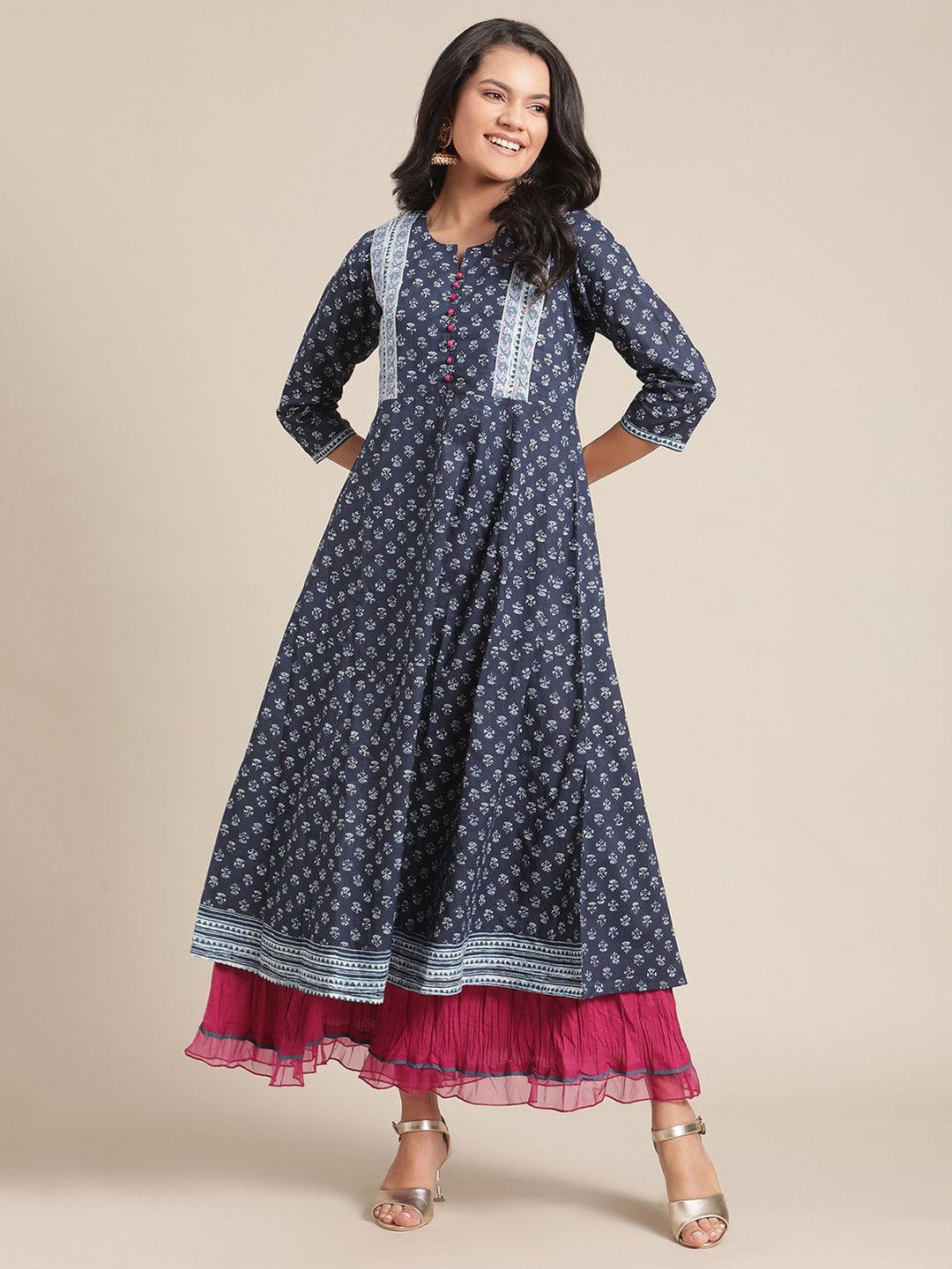 Women's Blue Floral Ankle Length Flared Kurta With Regular Sleeve And Round Neck