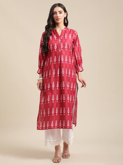 Women's Rust Ikat Printed straight kurta with white shifflie palazzo