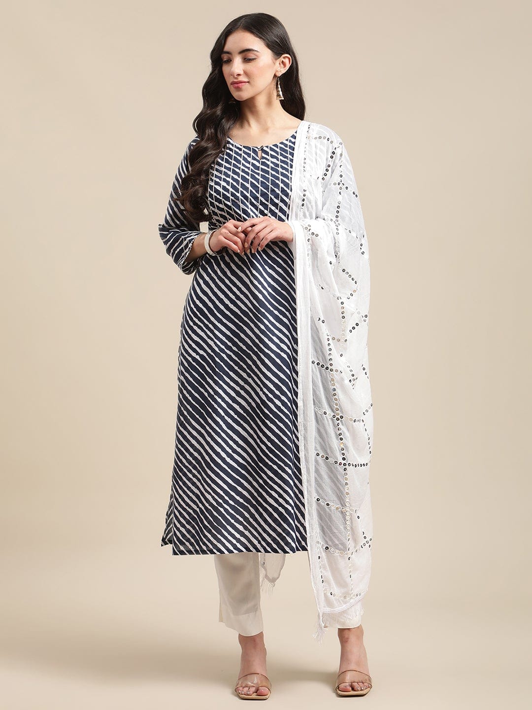 Women's Navy Blue And White Leheriya Gota Work Kurta With Trouser And Sequins Emebllished Dupatta