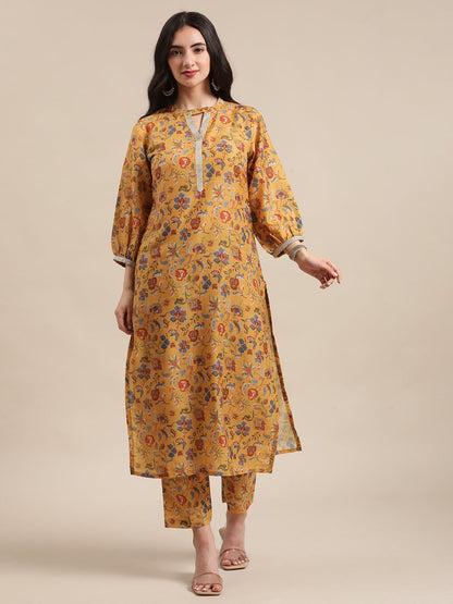 Women's Mustard Floral Printed Zari Work Straight Kurta Trouser Set