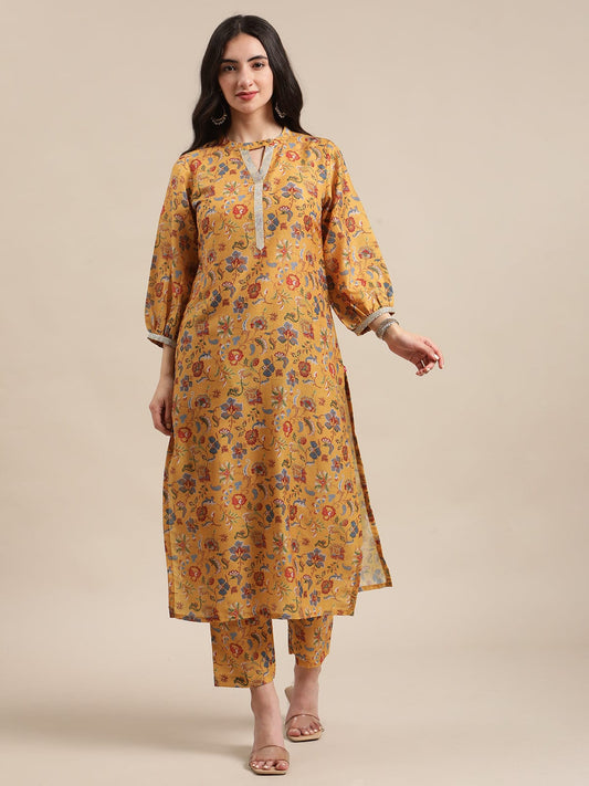 Women's Mustard Floral Printed Zari Work Straight Kurta Trouser Set