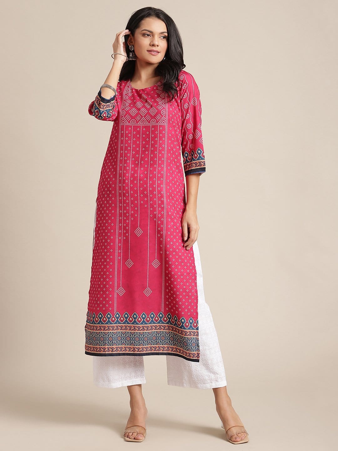 Women's KSUT Pink And Cream Bandhani Printed Straight Kurta With 3/4Th Sleeves