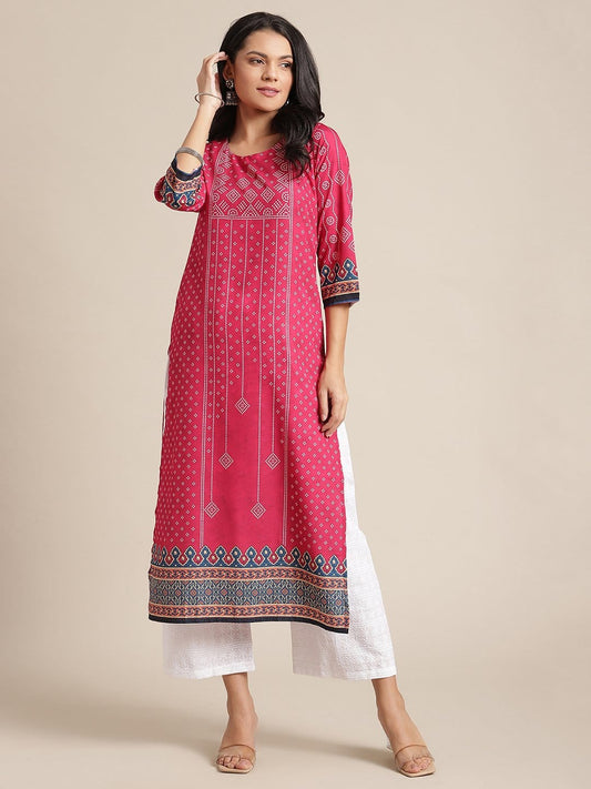Women's KSUT Pink And Cream Bandhani Printed Straight Kurta With 3/4Th Sleeves