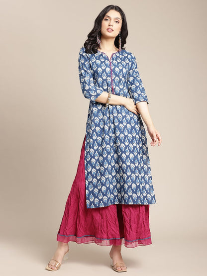 Women's Indigo Floral Printed Kurta With Handwork On Placket And Yoke