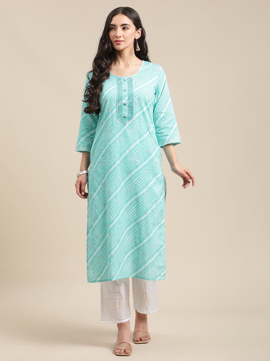 Women's Blue And White Leheriya Striped Kurta With Gota And Thread Embroidery On Yoke