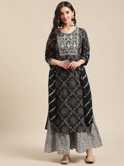 Women's Black And White Bandhej And Leheriya Printed Zari Embroidery Kurta Sharara Set With Leheriya Dupatta