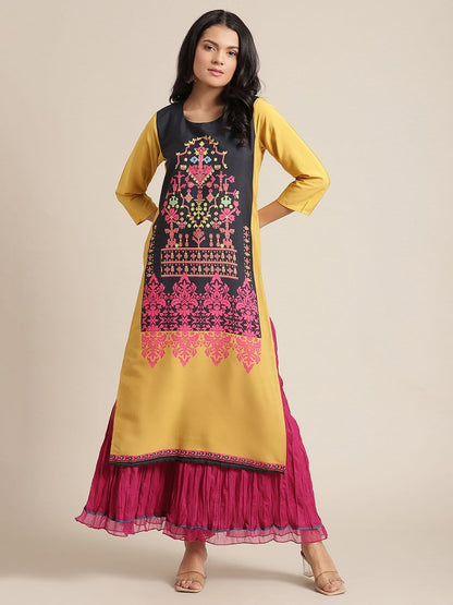 Women's KSUT Yellow And Black Abstract Printed Straight Kurta With 3/4Th Sleeves