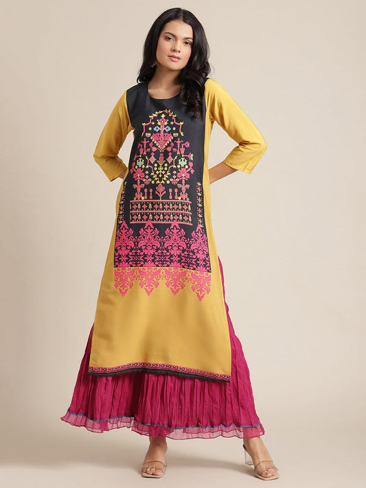 Women's KSUT Yellow And Black Abstract Printed Straight Kurta With 3/4Th Sleeves
