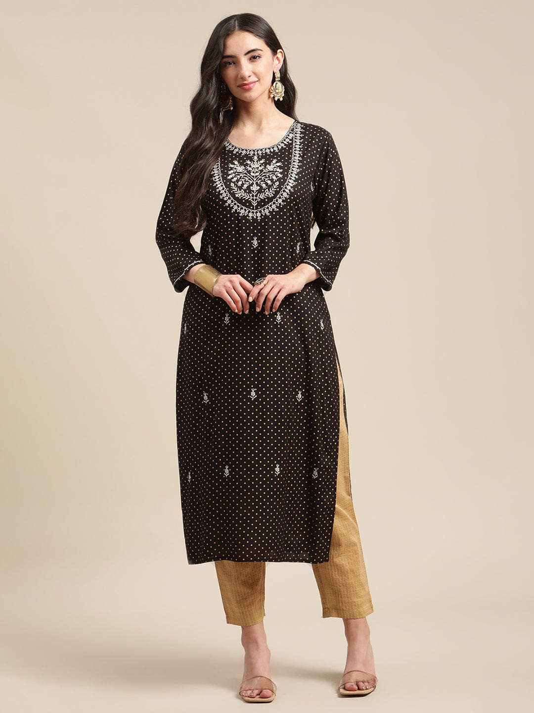 Women's Black And Gold Mirror Work Kurta With Golden Self Design Trouser
