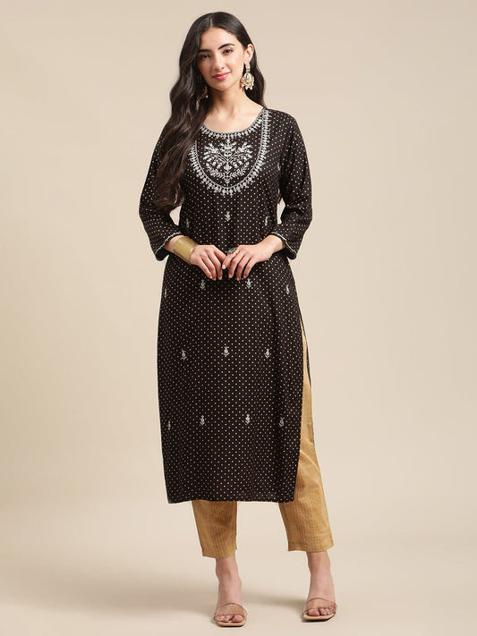 Women's Black And Gold Mirror Work Kurta With Golden Self Design Trouser