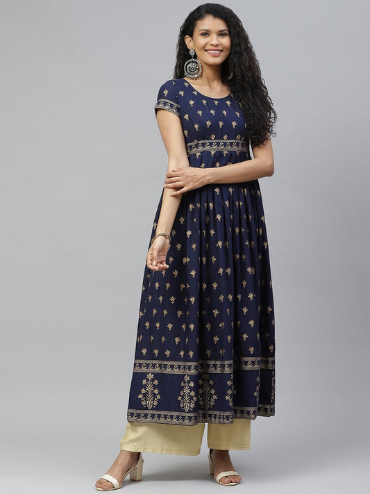 Women's Golden Print Blue Stylish Cotton Anarkali Kurta