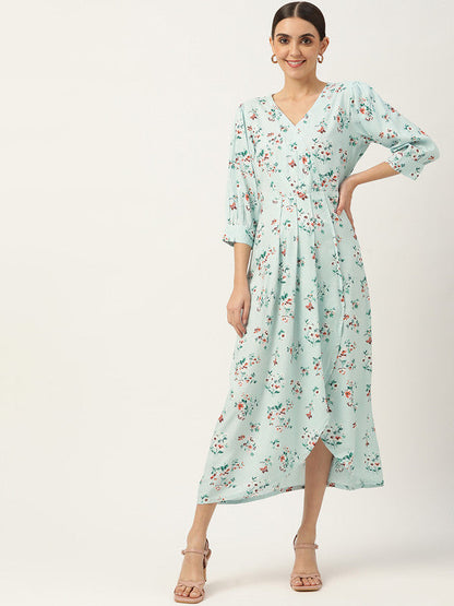 Women's Blue Red Floral Midi Dress With Belt