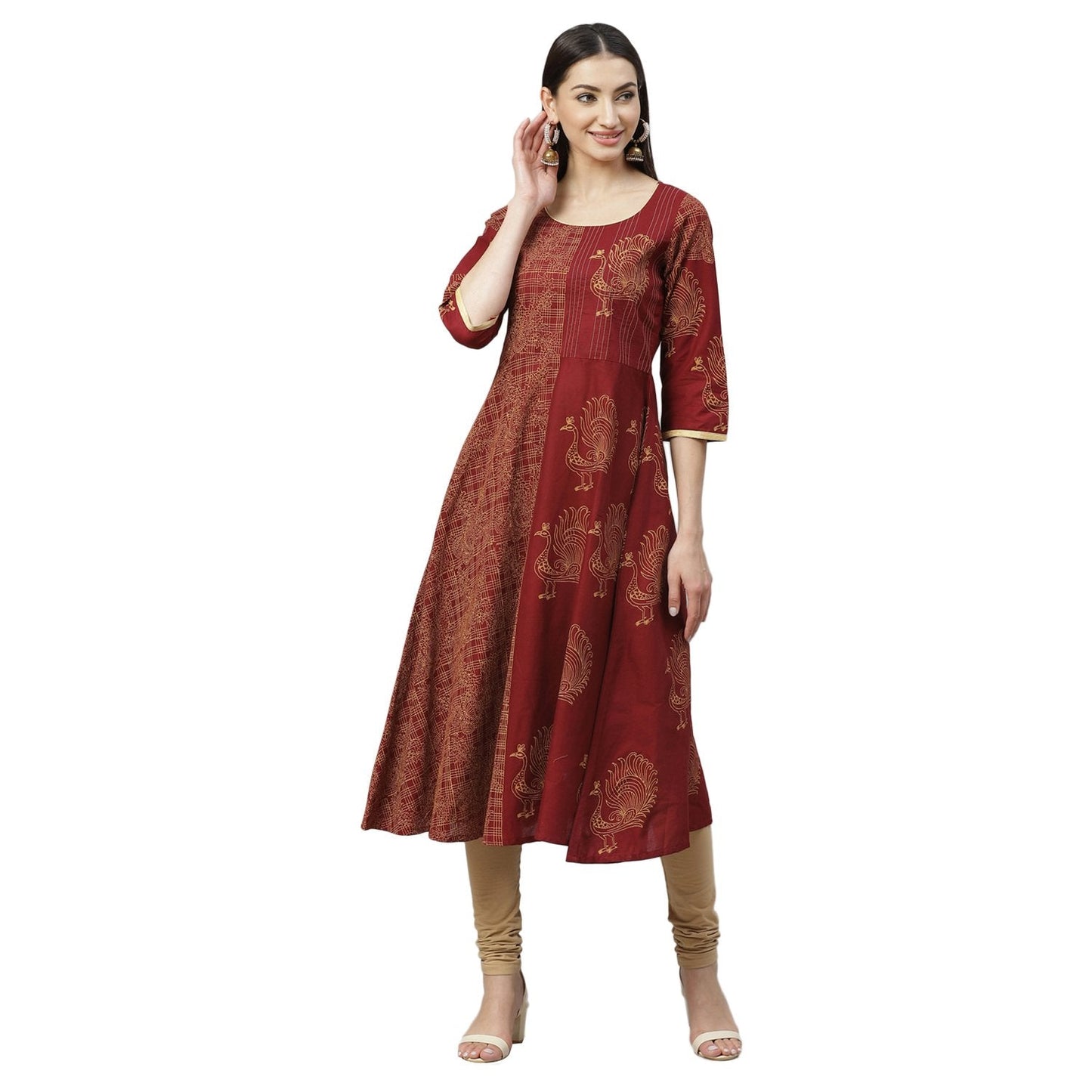 Women's Maroon Cotton Printed 3/4 Sleeve Round Neck Casual Anarkali Kurta Only