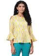 Women's Yellow Printed 3/4 Sleeve Round Neck Cotton Casual Top