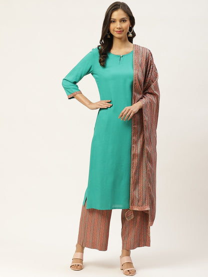 Women's Blue Solid Kurta with Ethnic Motifs Hand Printed Palazzos & Dupatta