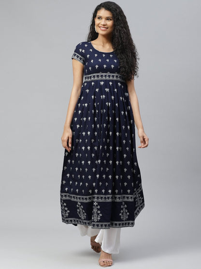 Women's Blue Silver Print Stylish Cotton Anarkali Kurta