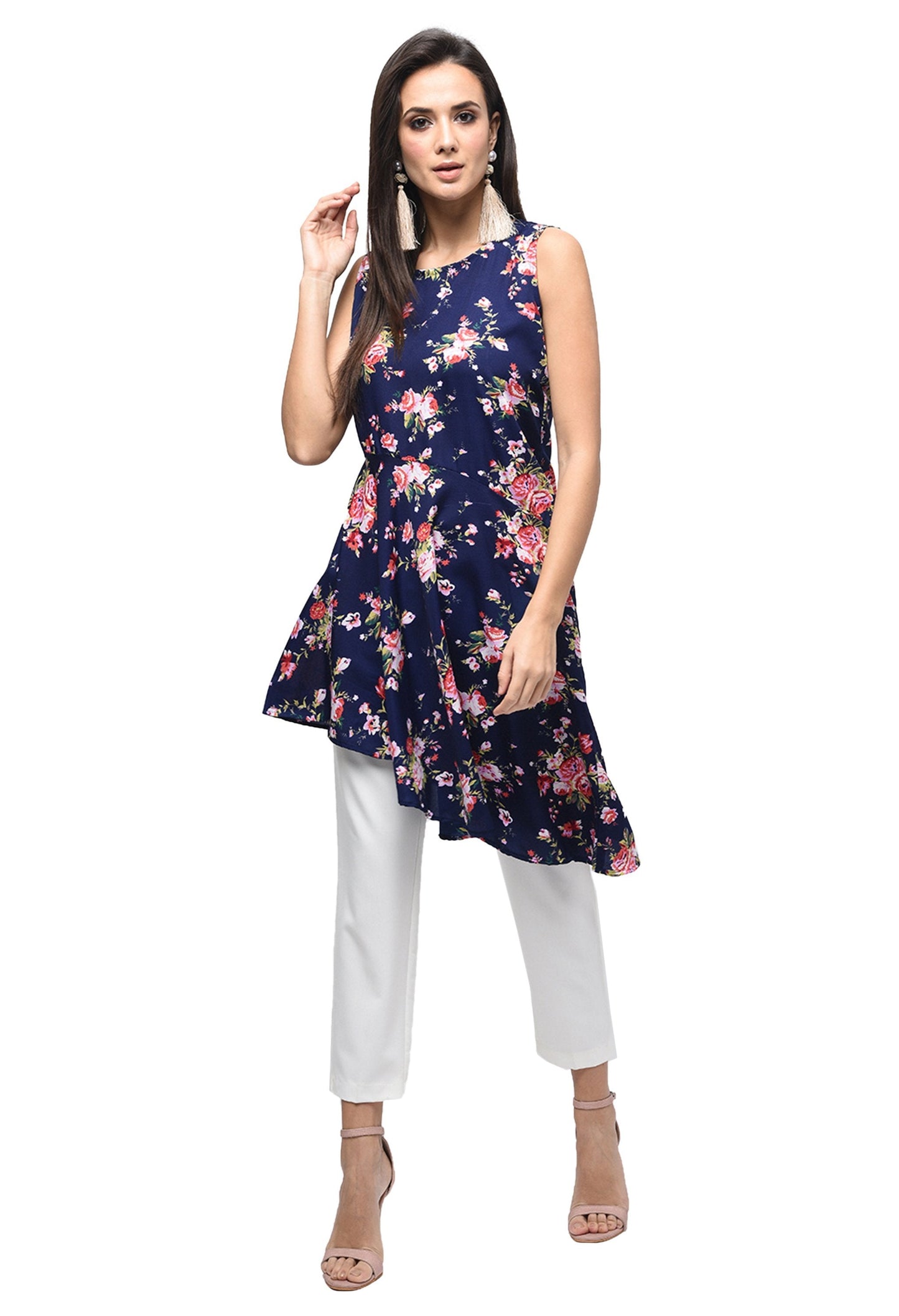 Women's Dark Blue Polyester Printed Sleeveless Round Neck Casual Kurta Only